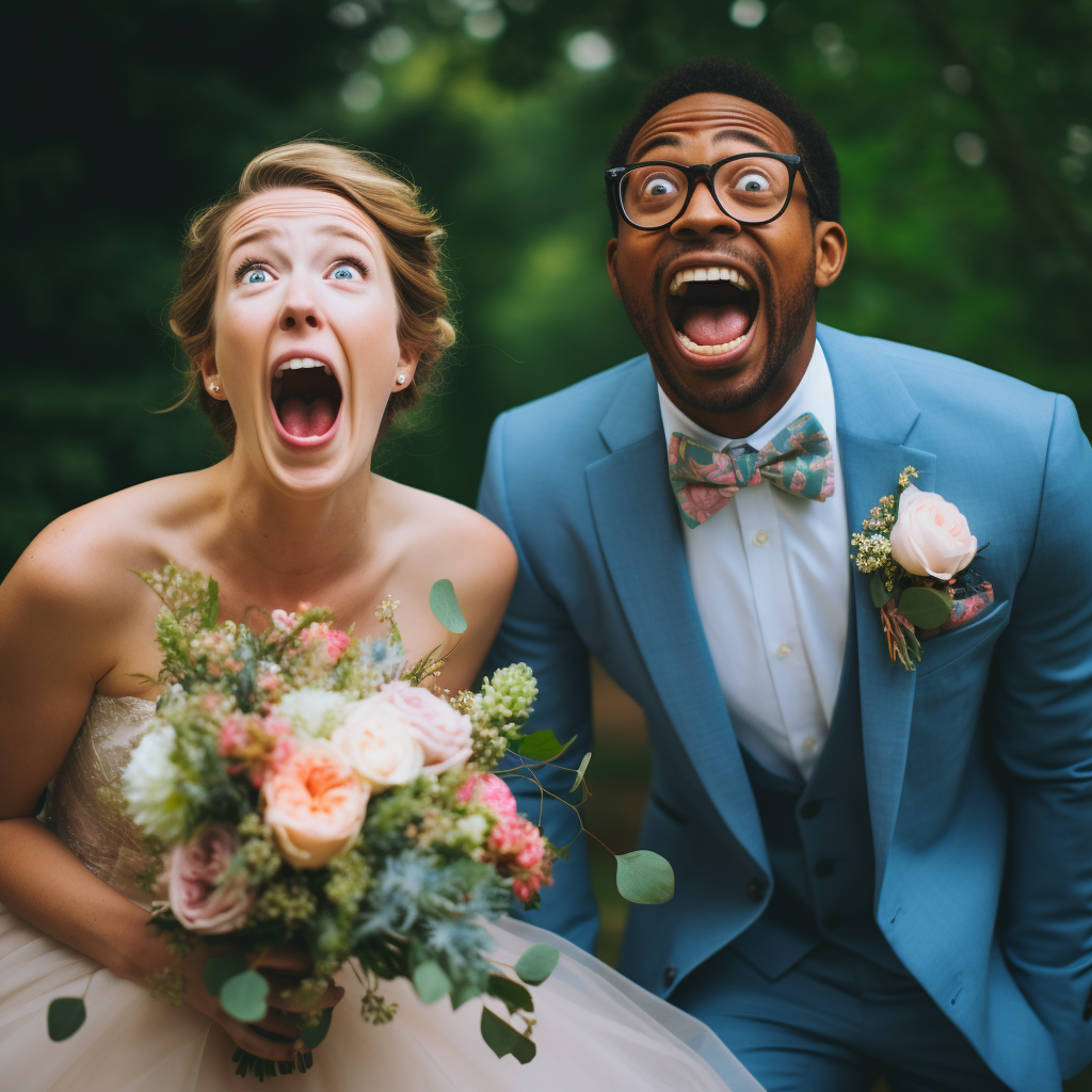 Surprised laughing bridesmaid and groomsman