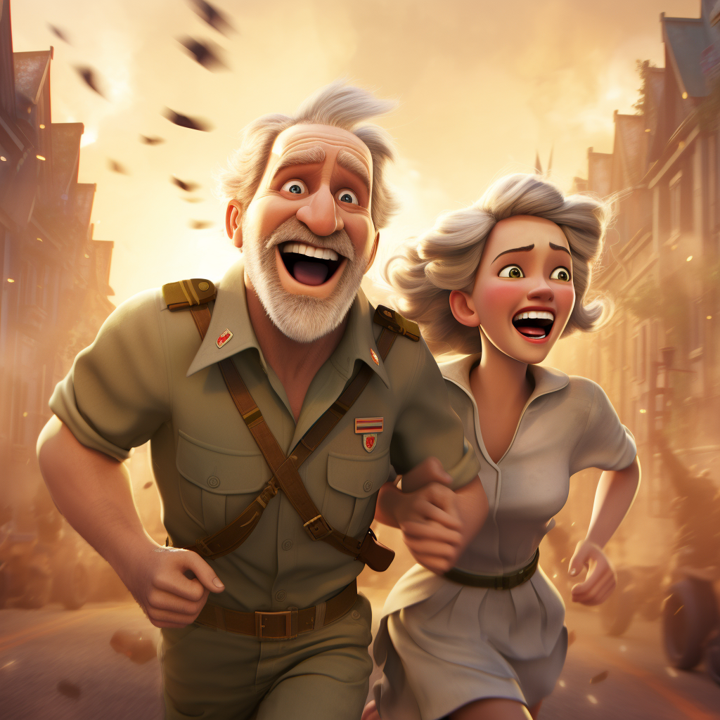 Image of laughing couple running from villain