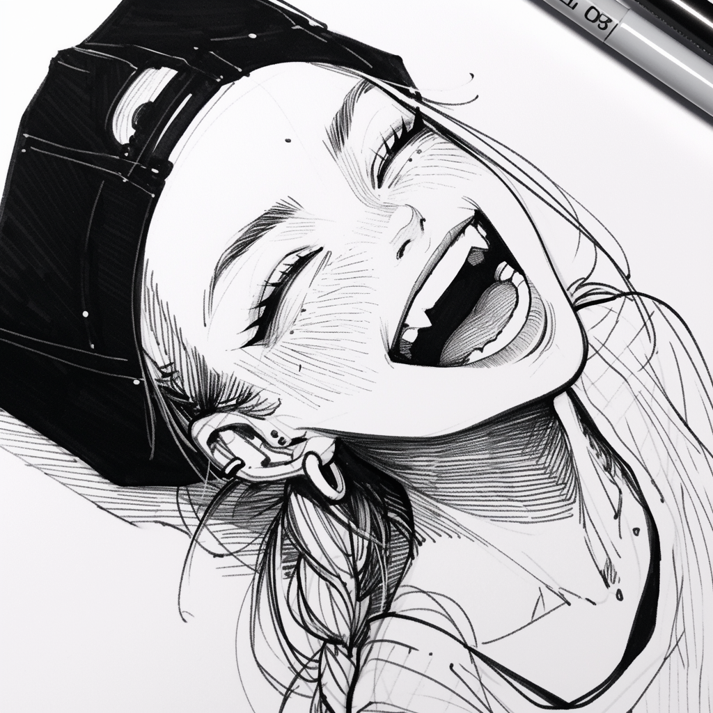 Half Body Ink Sketch of Laughing Girl