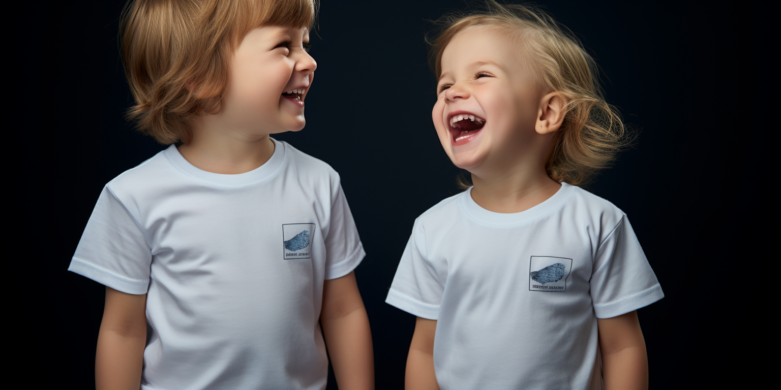 Two adorable kids in a shared T-shirt laughing