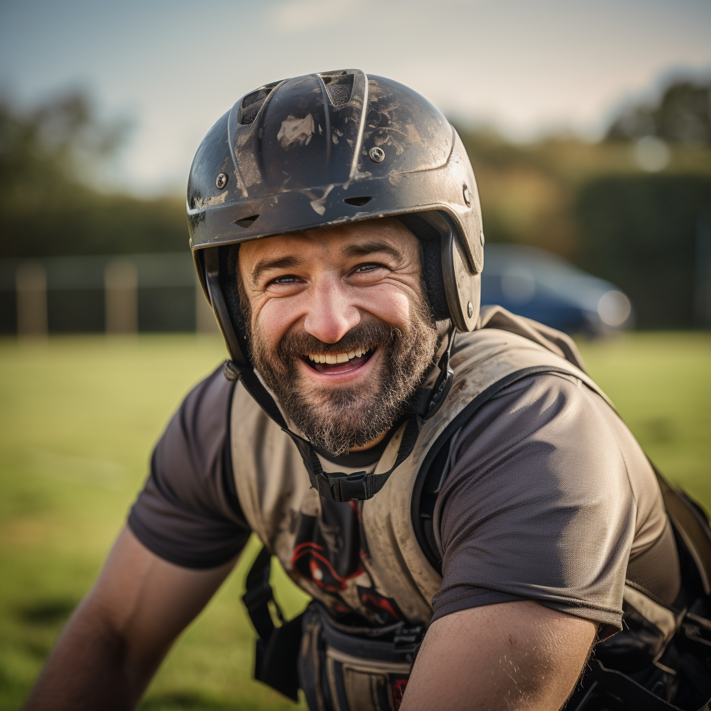 Man in motorcycle helmet laughing on rugby field