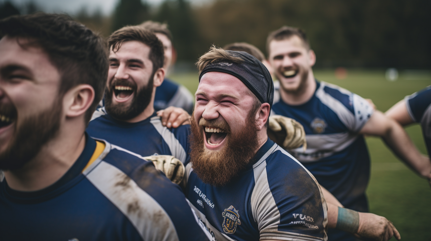 Men in Sports Gear Laughing on Rugby Field