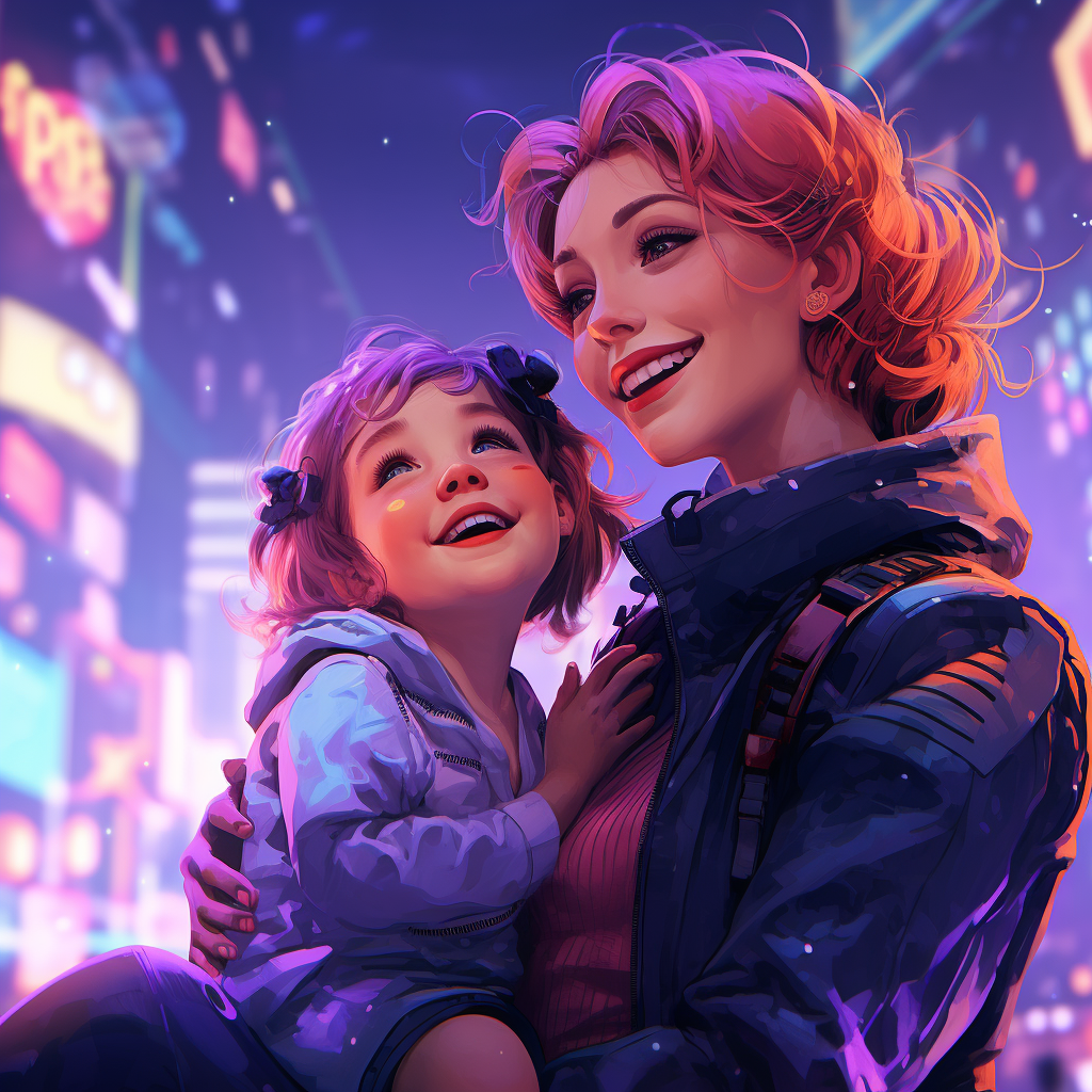 Smiling mother and daughter in cyberpunk attire