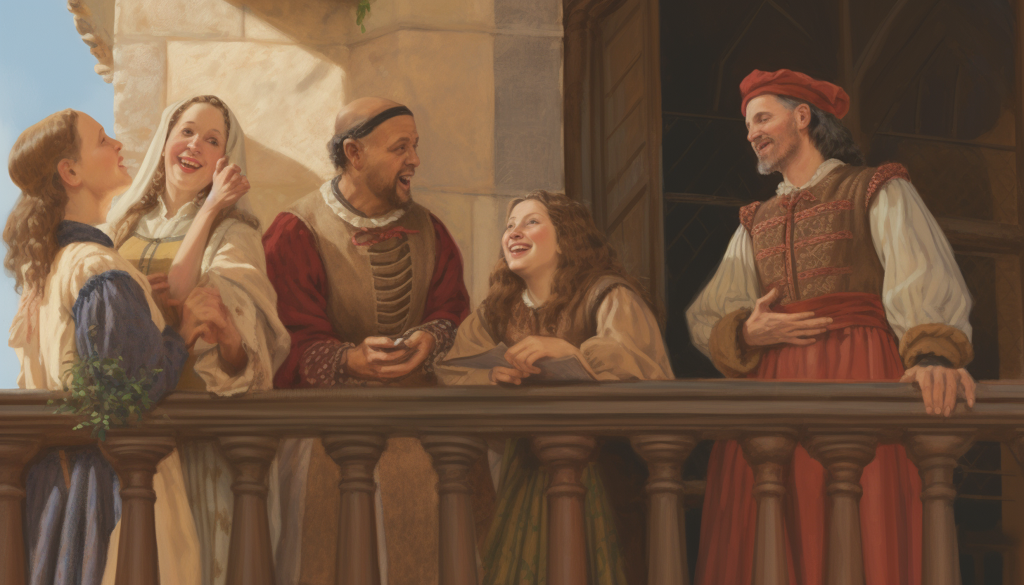 Nobles mocking on a medieval balcony