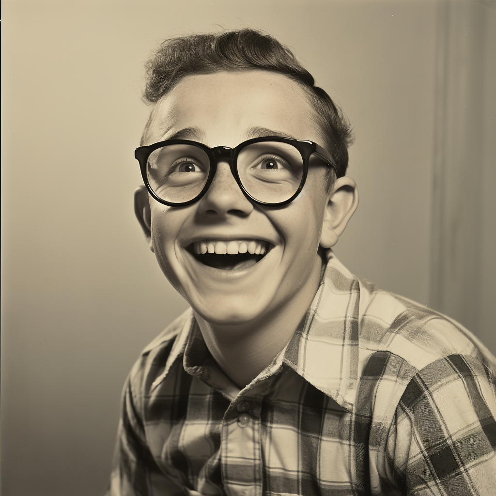 Nerdy white guy laughing in vintage yearbook photo