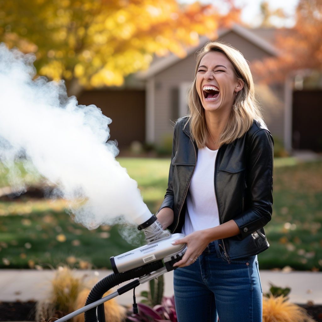 Woman laughing in suburban yard during fall