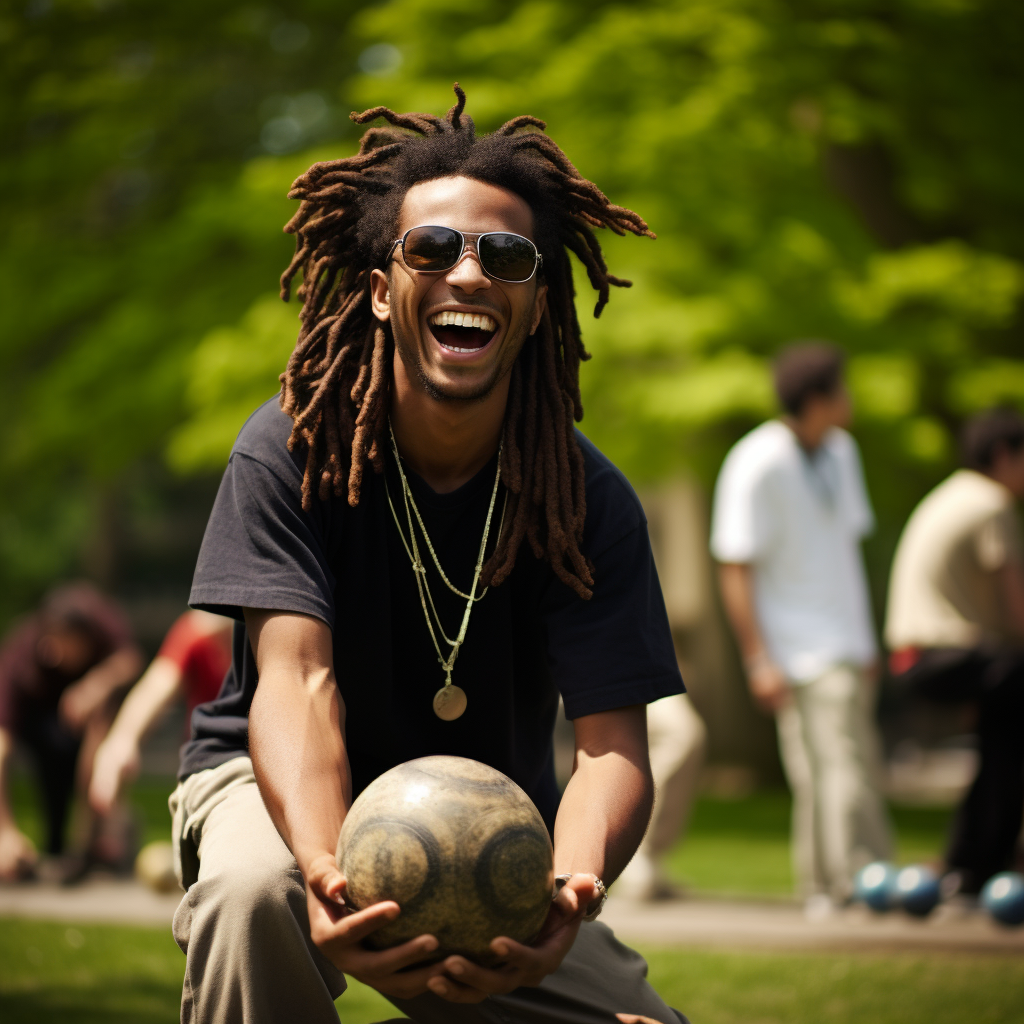 Laughing college student playing bocce ball