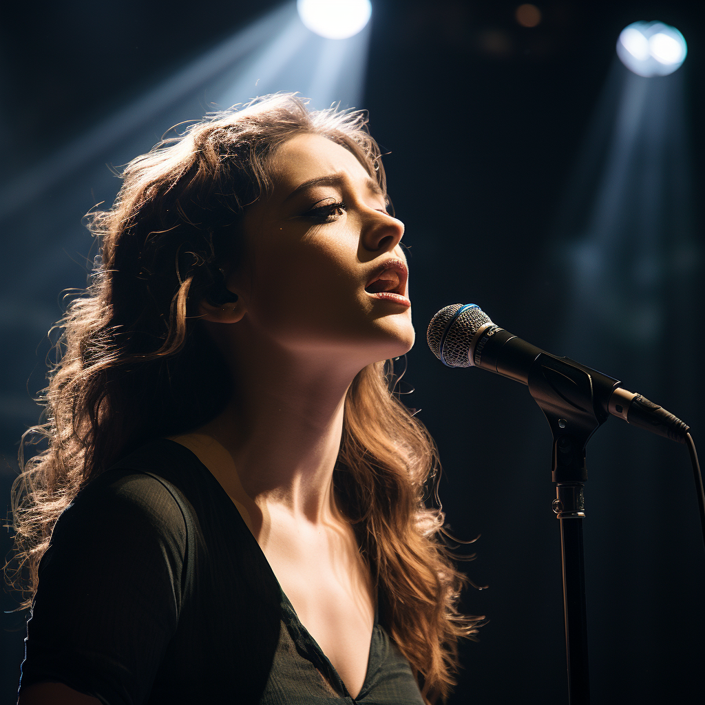 Laura performing under spotlight singing passionately