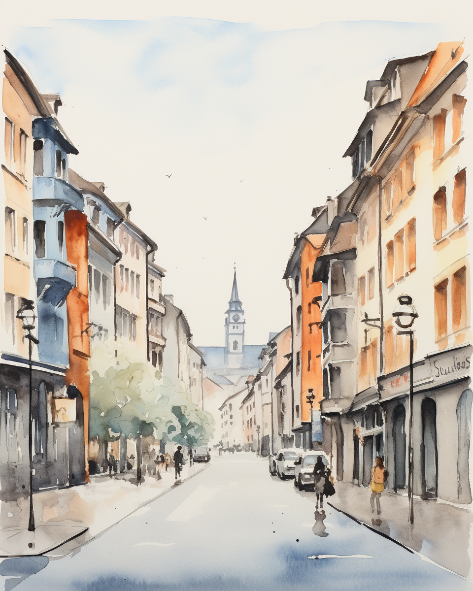 Expressive watercolor sketch of Lausanne France main street