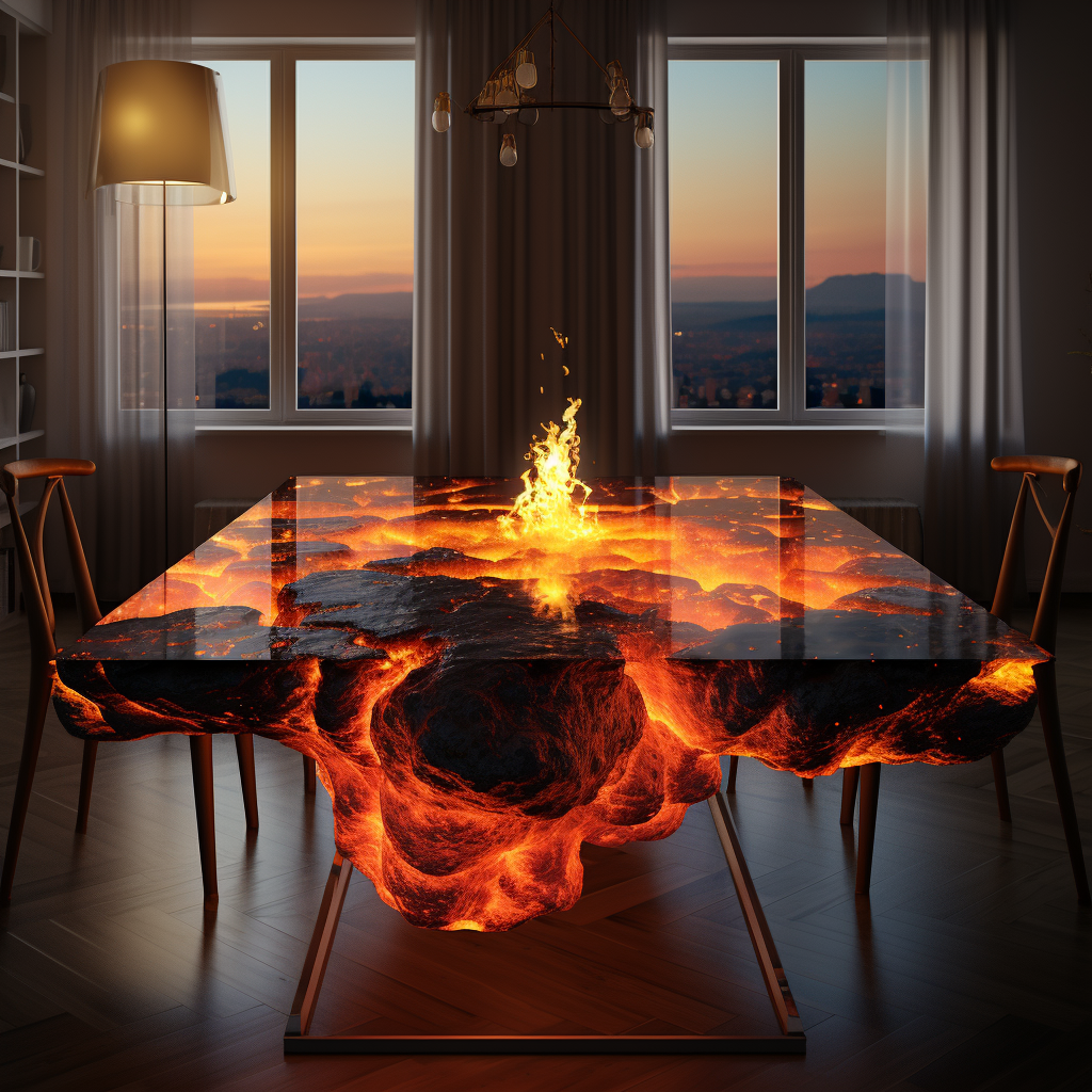 Center table with overflowing lava volcano