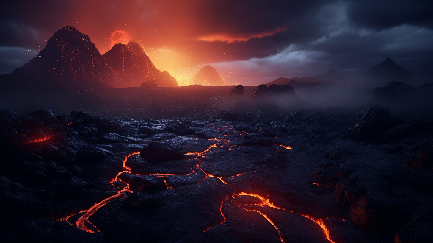 Lava field with volcano and ash