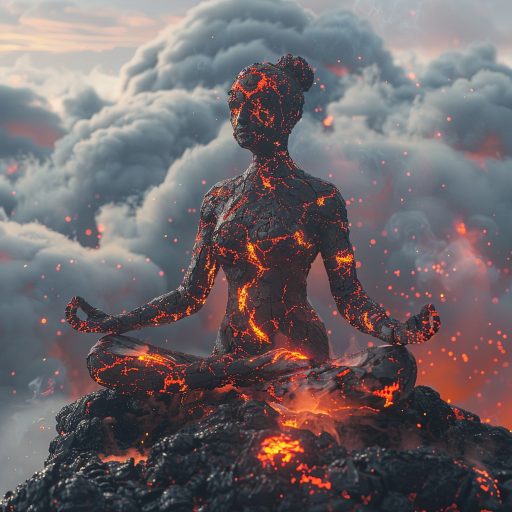 Lava Woman Meditating in Fiery Sky