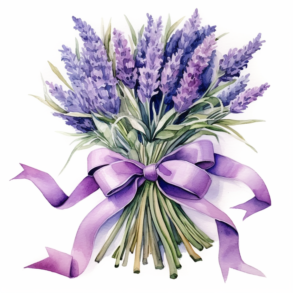 Vibrant lavender bouquets with purple ribbons