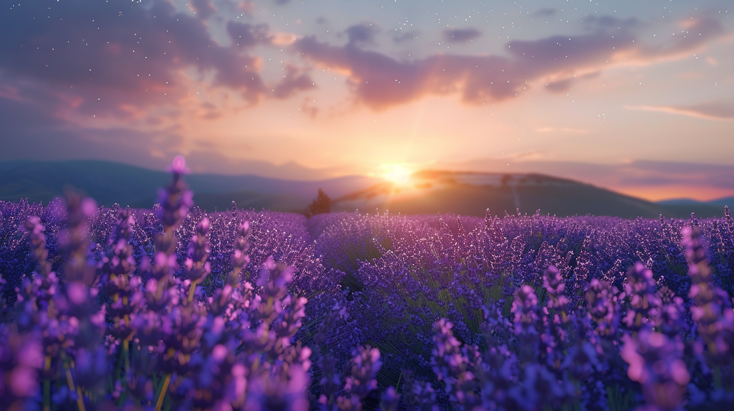 Purple lavender field at sunset