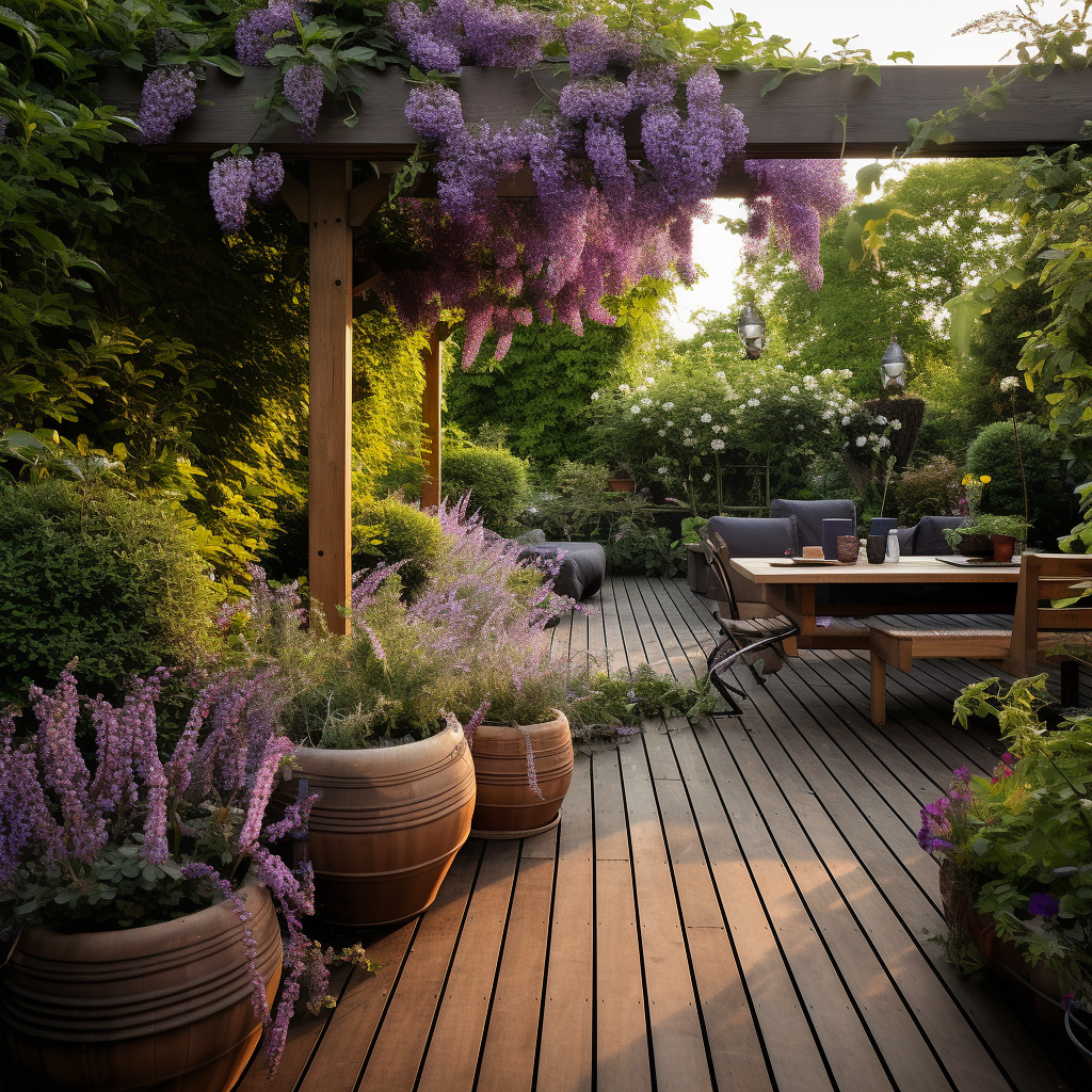 Lavender garden surrounded by maple trees and wooden deck