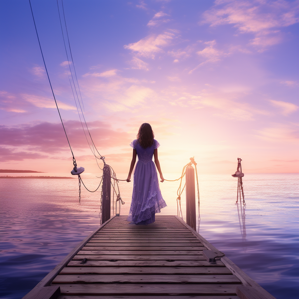 girl on dock reaching boat at sunset