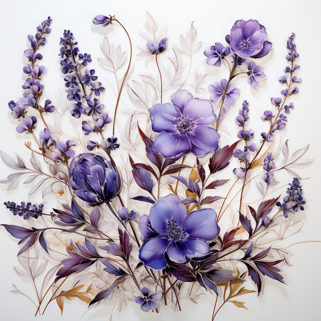 Beautiful lavender pressed flowers in watercolor style