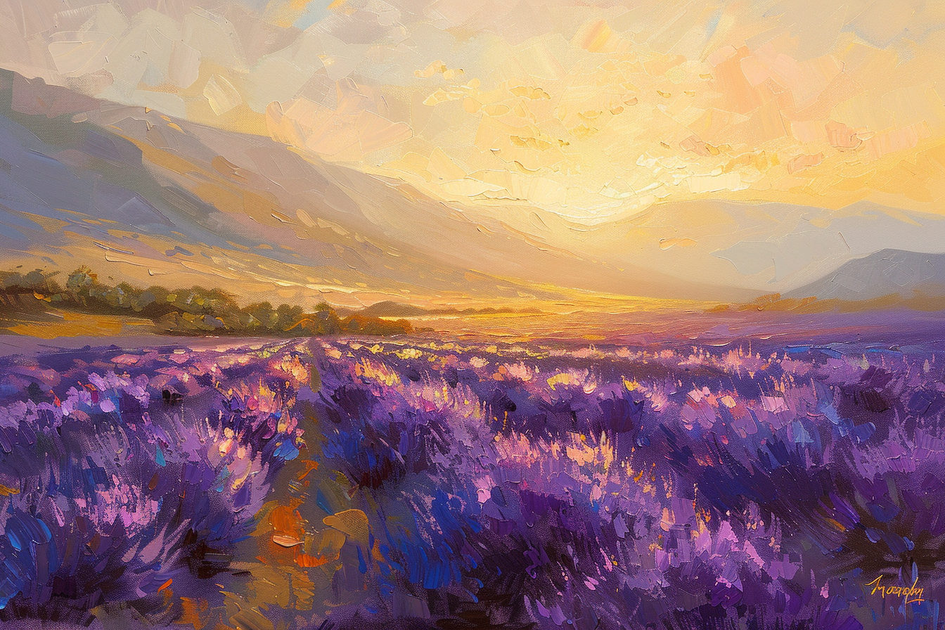 Oil painting lavender field sunset mountains