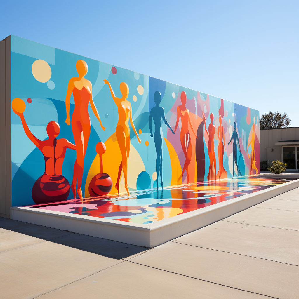 Geometric motion of player silhouettes on lawn bowling mural