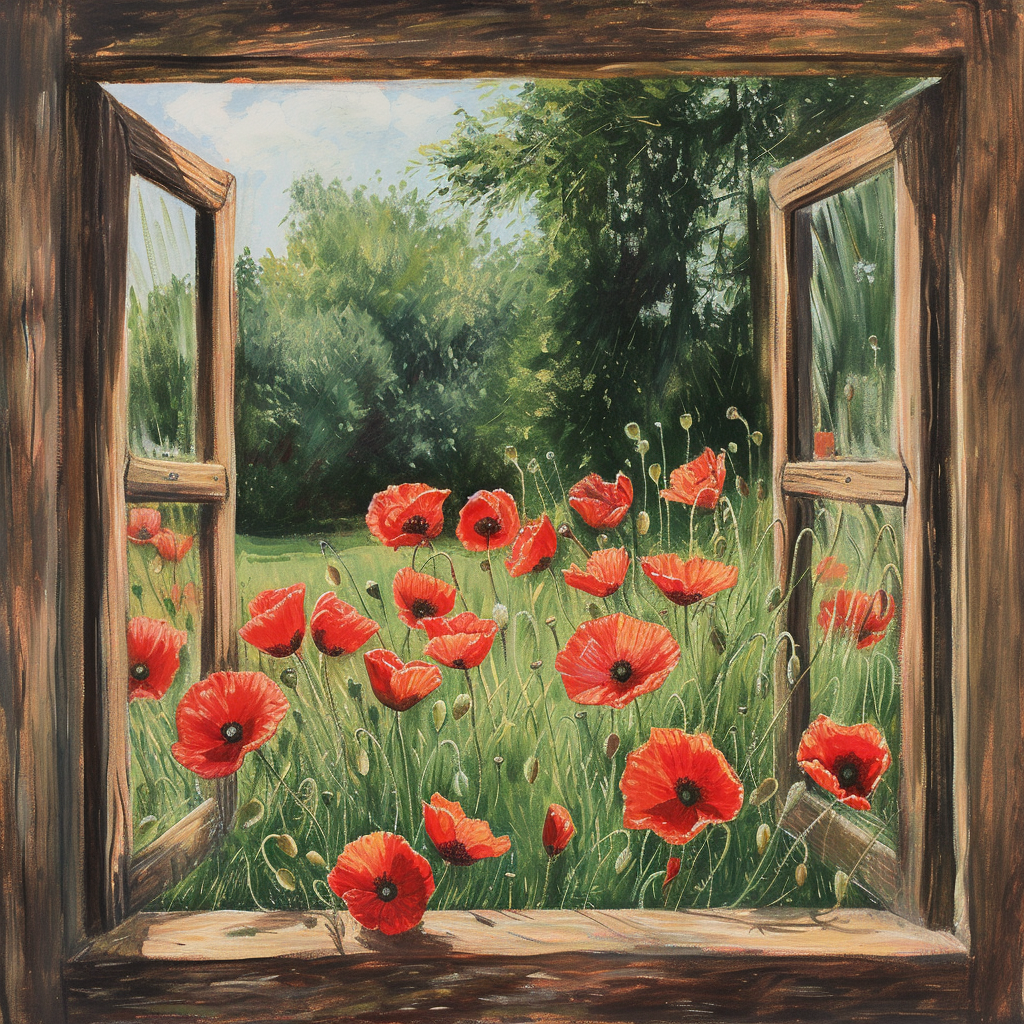 Red Poppies on Lawn Window