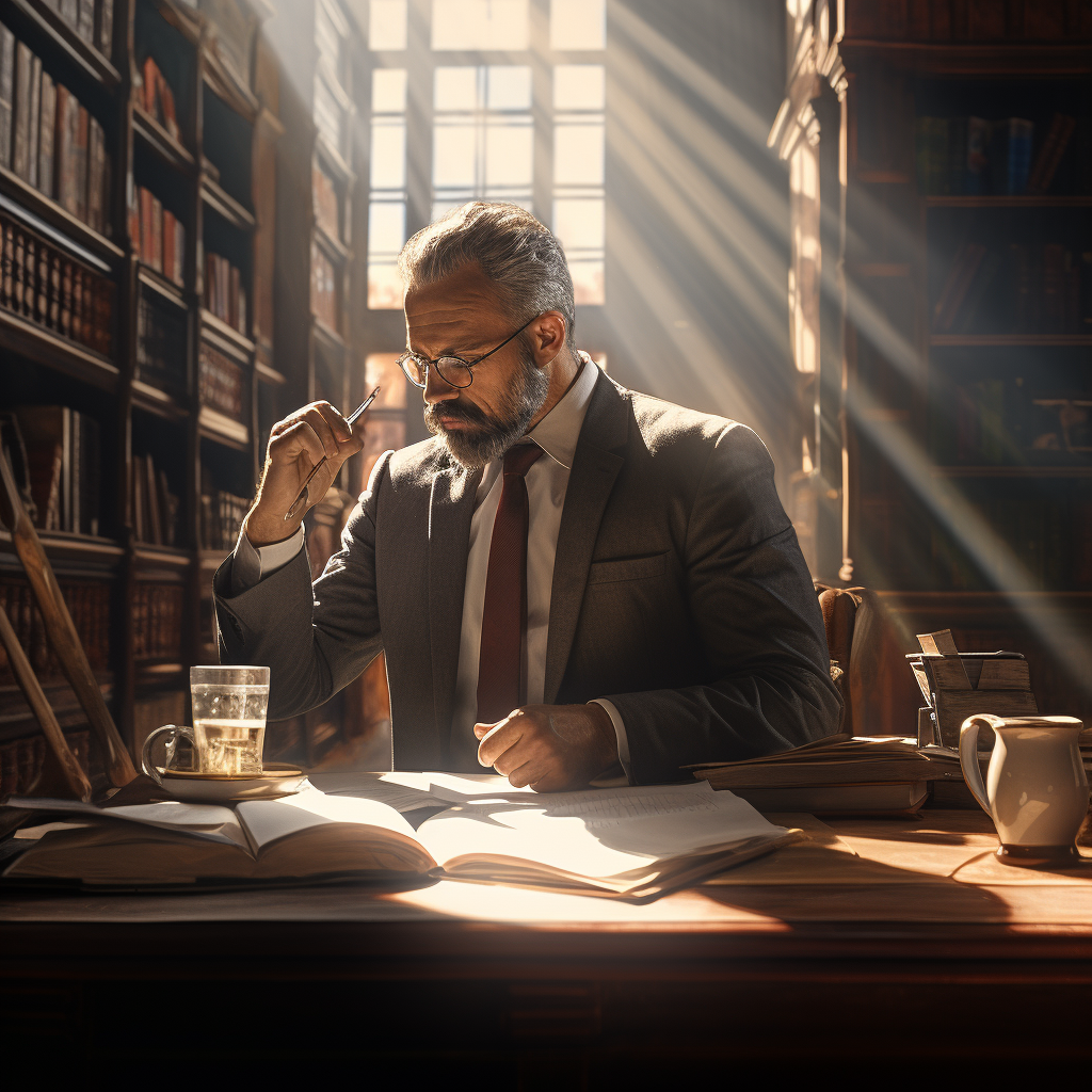 Lawyer sipping coffee at desk with papers and lawbooks