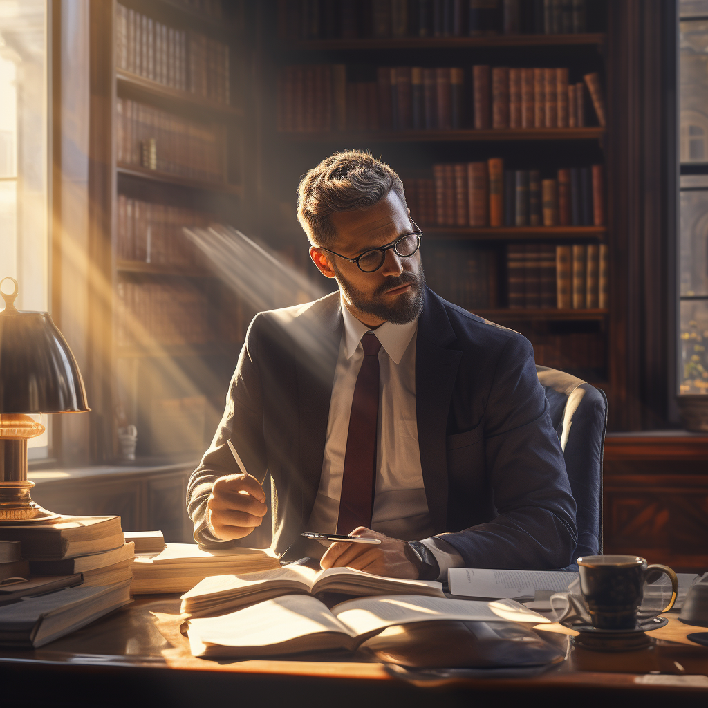 Lawyer in Suit Drinking Coffee at Desk