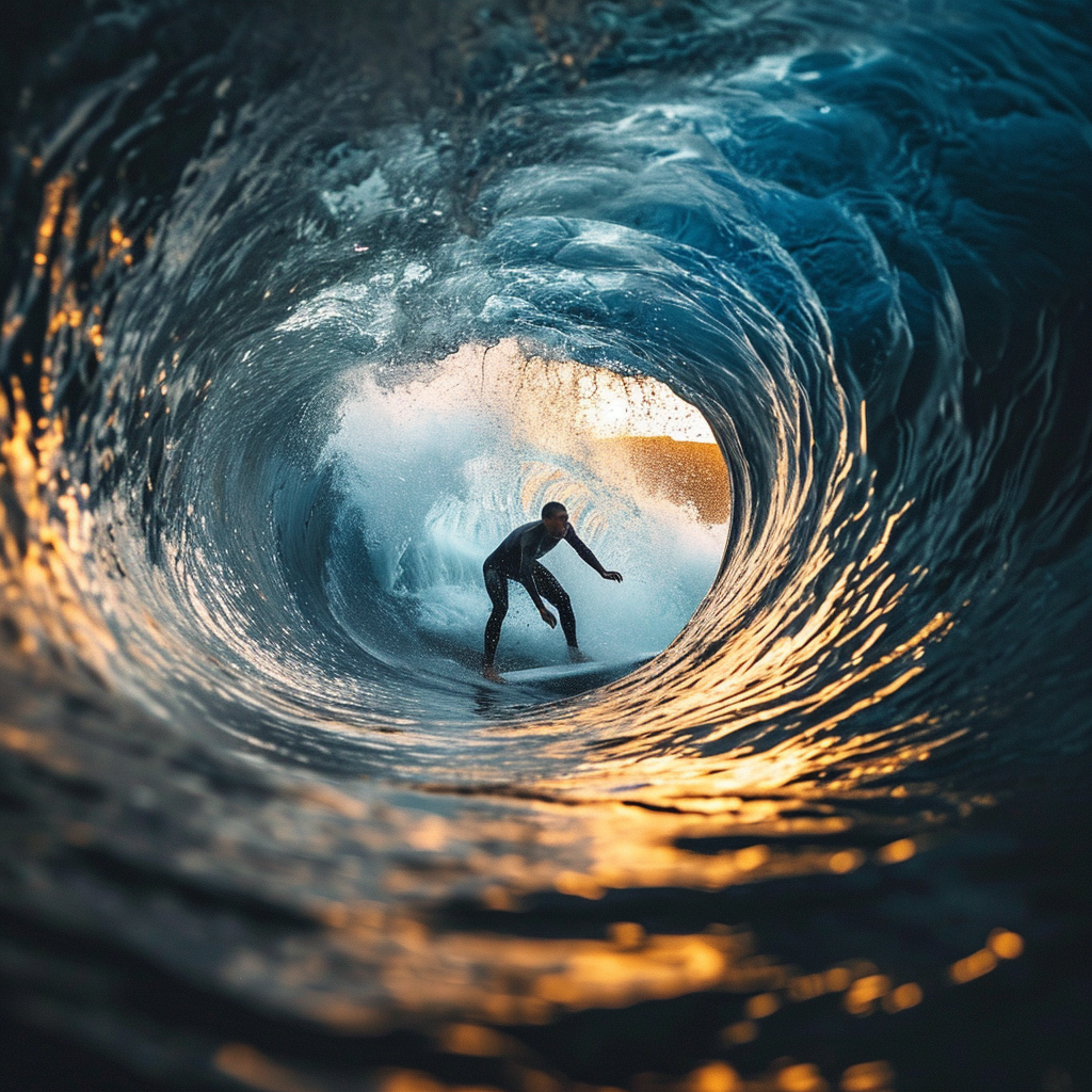 Lawyer surfing giant wave through tunnel