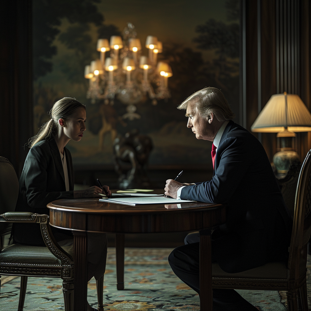 Young female lawyer and Donald Trump discussing contract