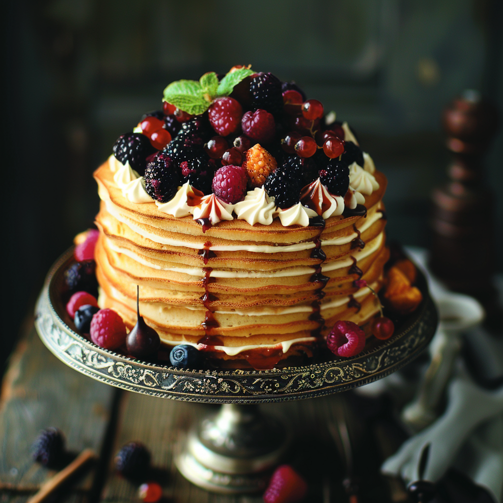 Decorated layered cake on stand