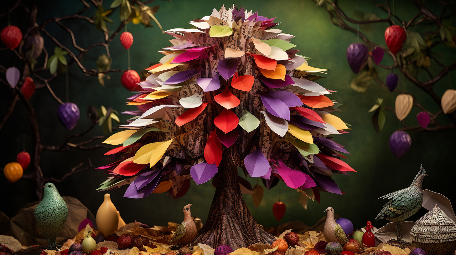 Detailed origami partridge in paper pear tree