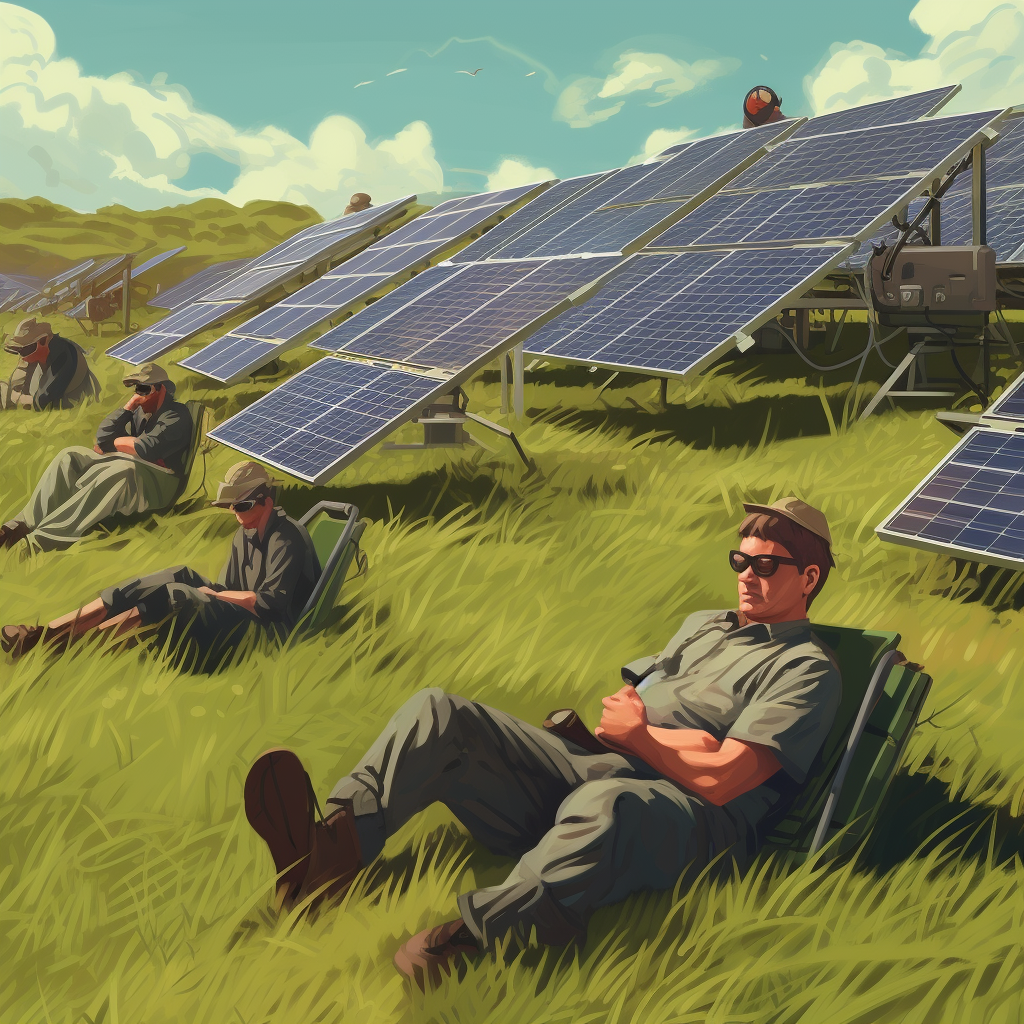 Photovoltaic technician resting on grass