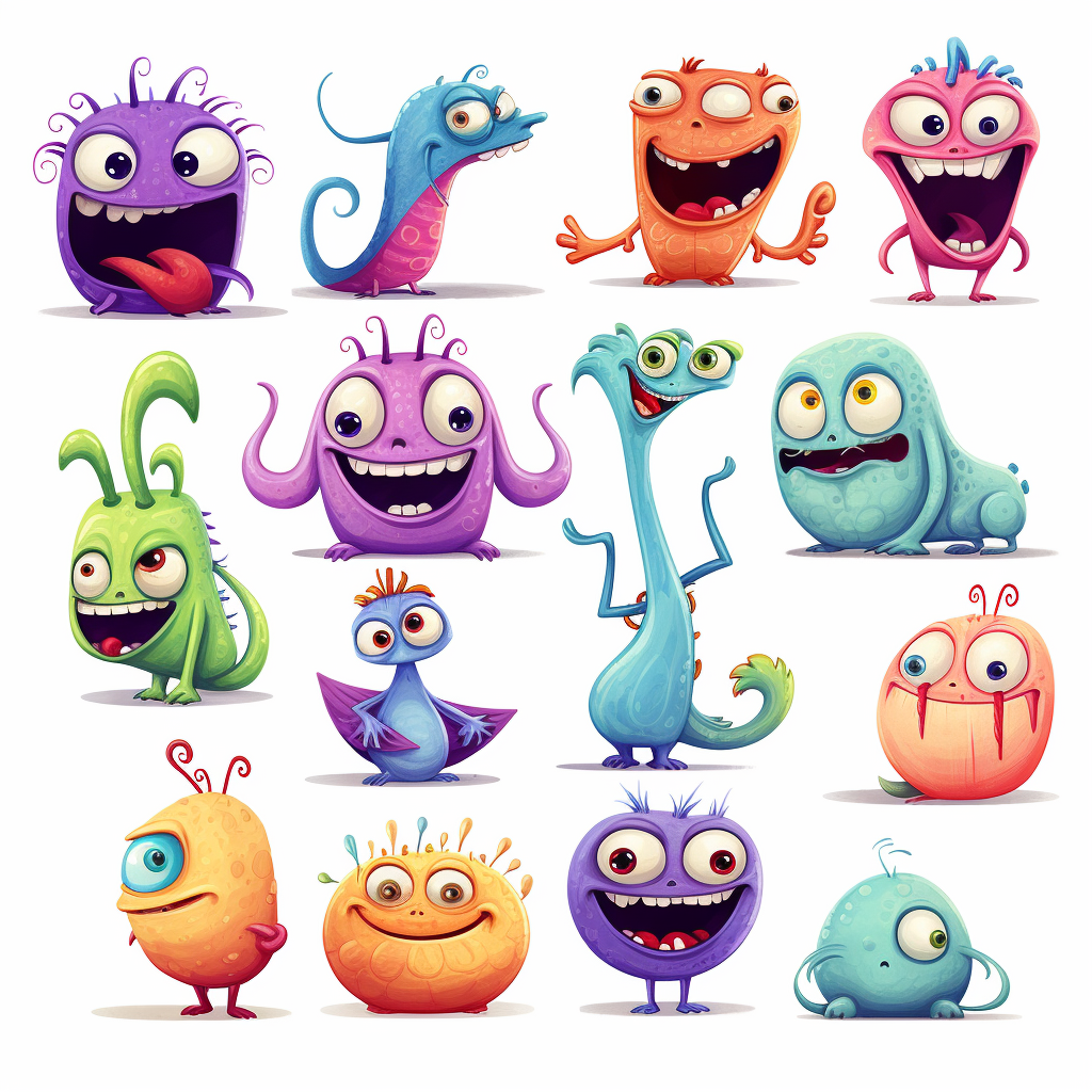 Cartoon-style cute creatures in lazy situations