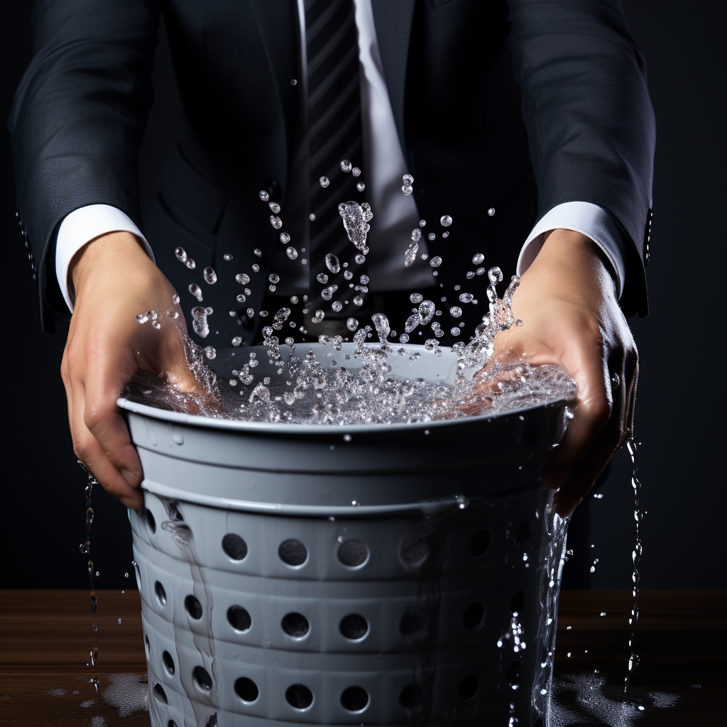 Hand holding leaking plastic bucket with water