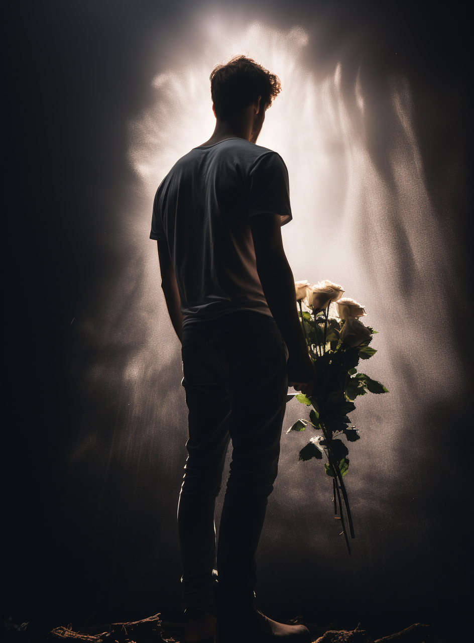 Lean guy holding flower bouquet looking up sadly