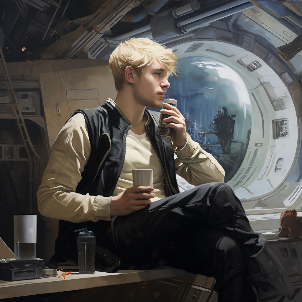 Blonde male sipping coffee on spaceship