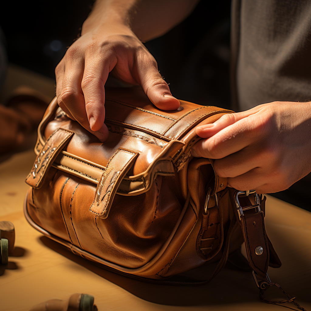 Skilled hands crafting leather bags