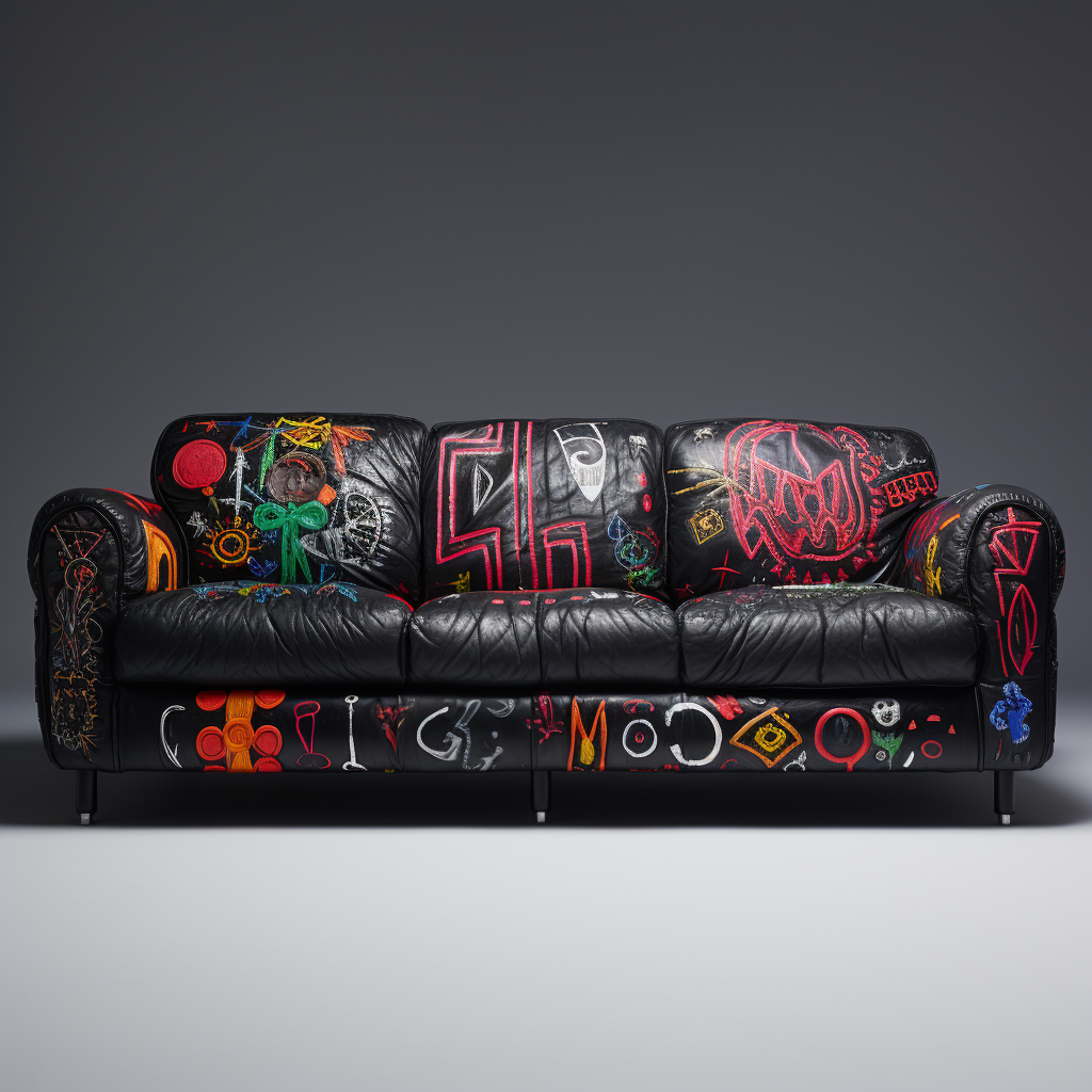 Leather couch with intricate embroidery