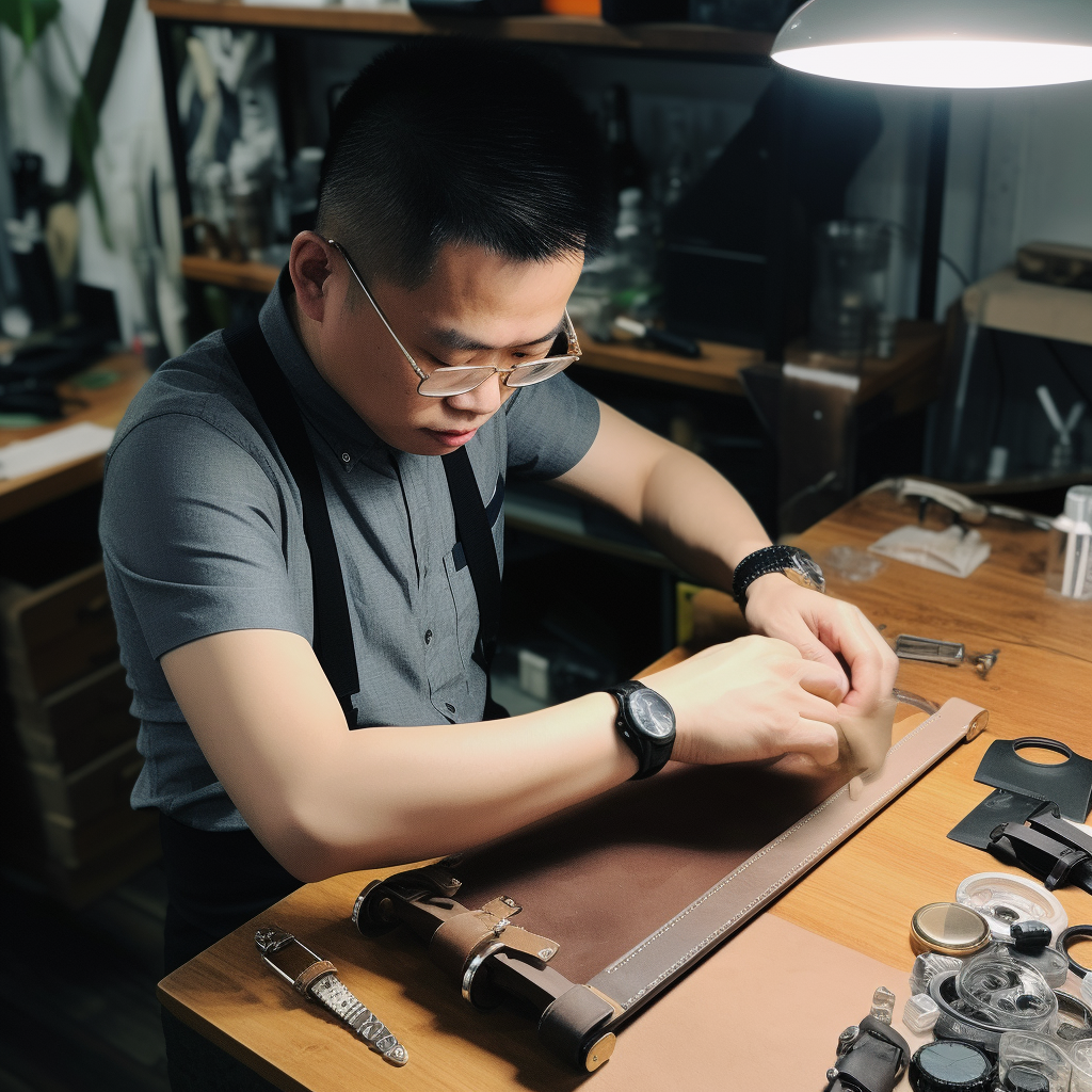 Skilled leather worker crafting watch strap