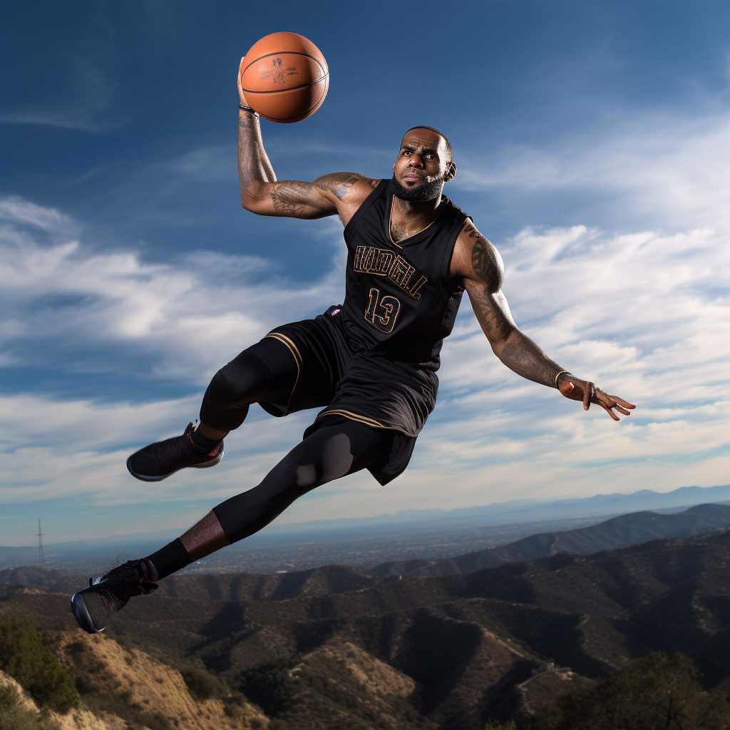 LeBron James dunking over Hollywood sign