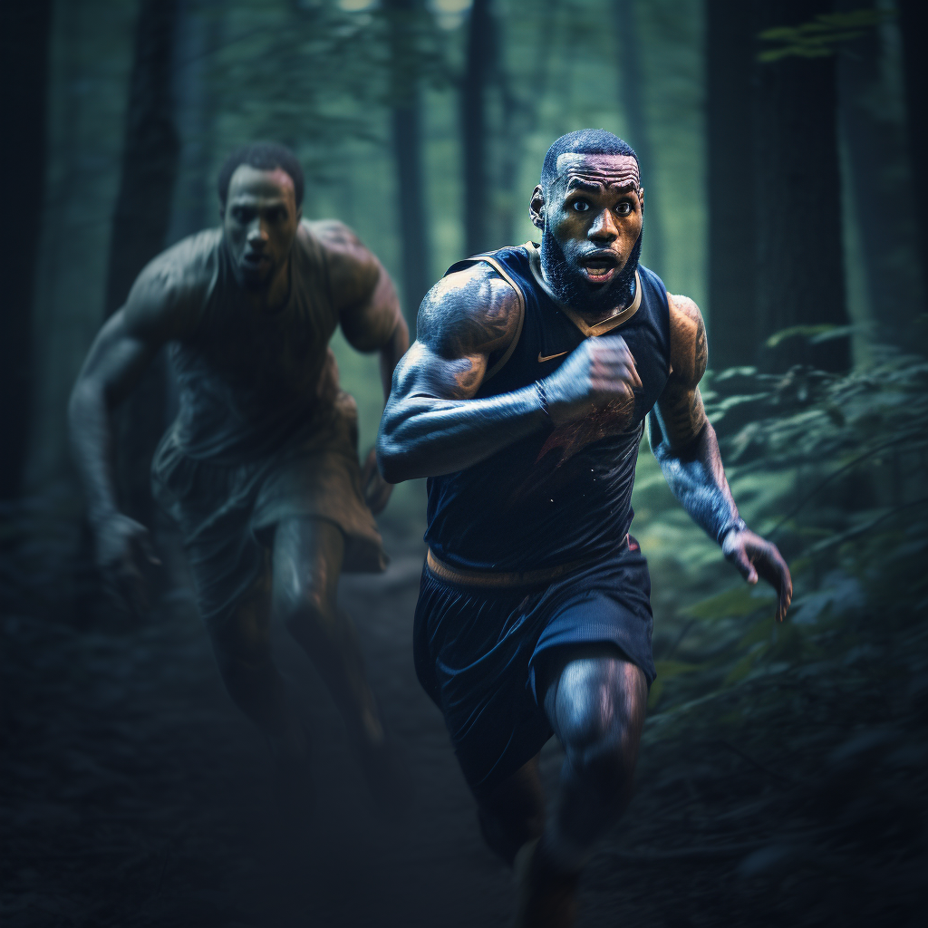 Lebron James being chased by a scary monster