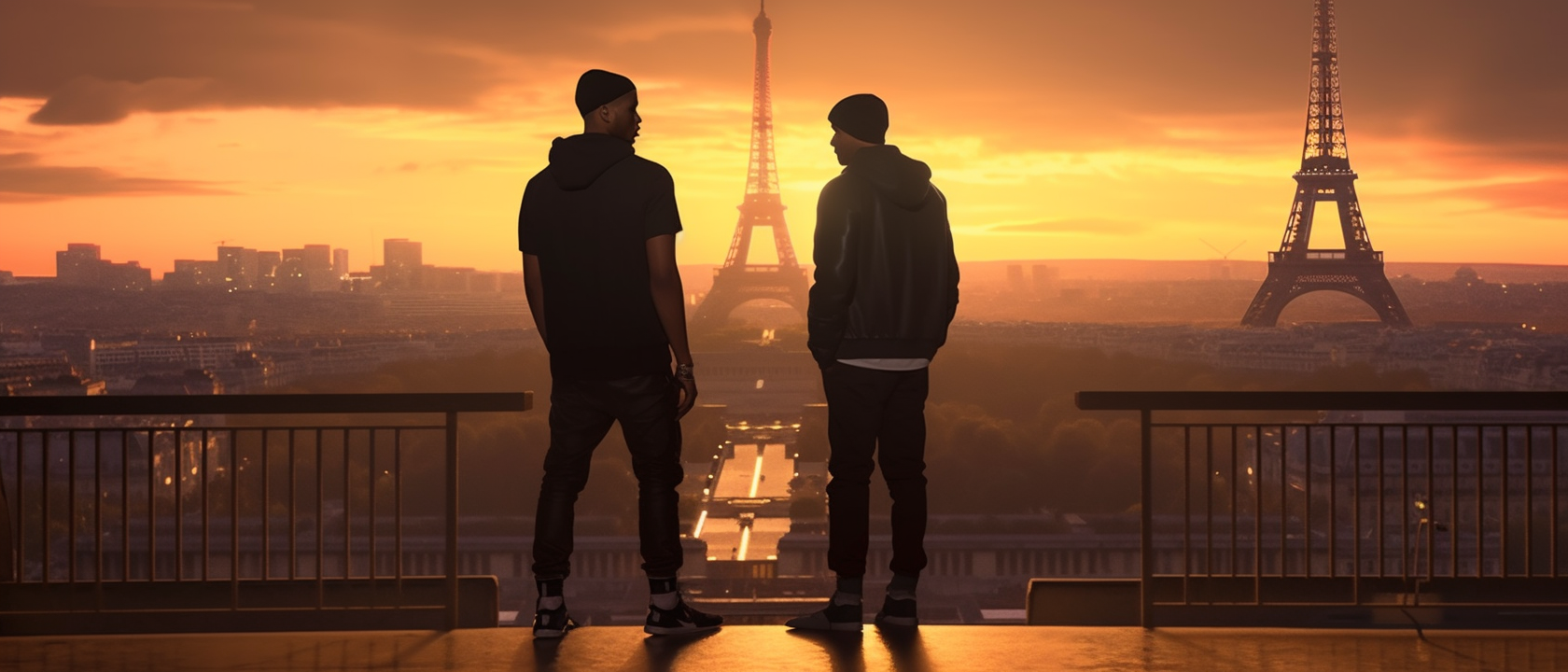 LeBron James and Stephen Curry admiring Eiffel Tower at sunset