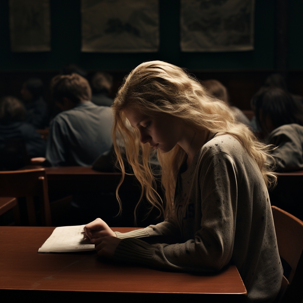 Blonde college woman studying at lecture hall desk