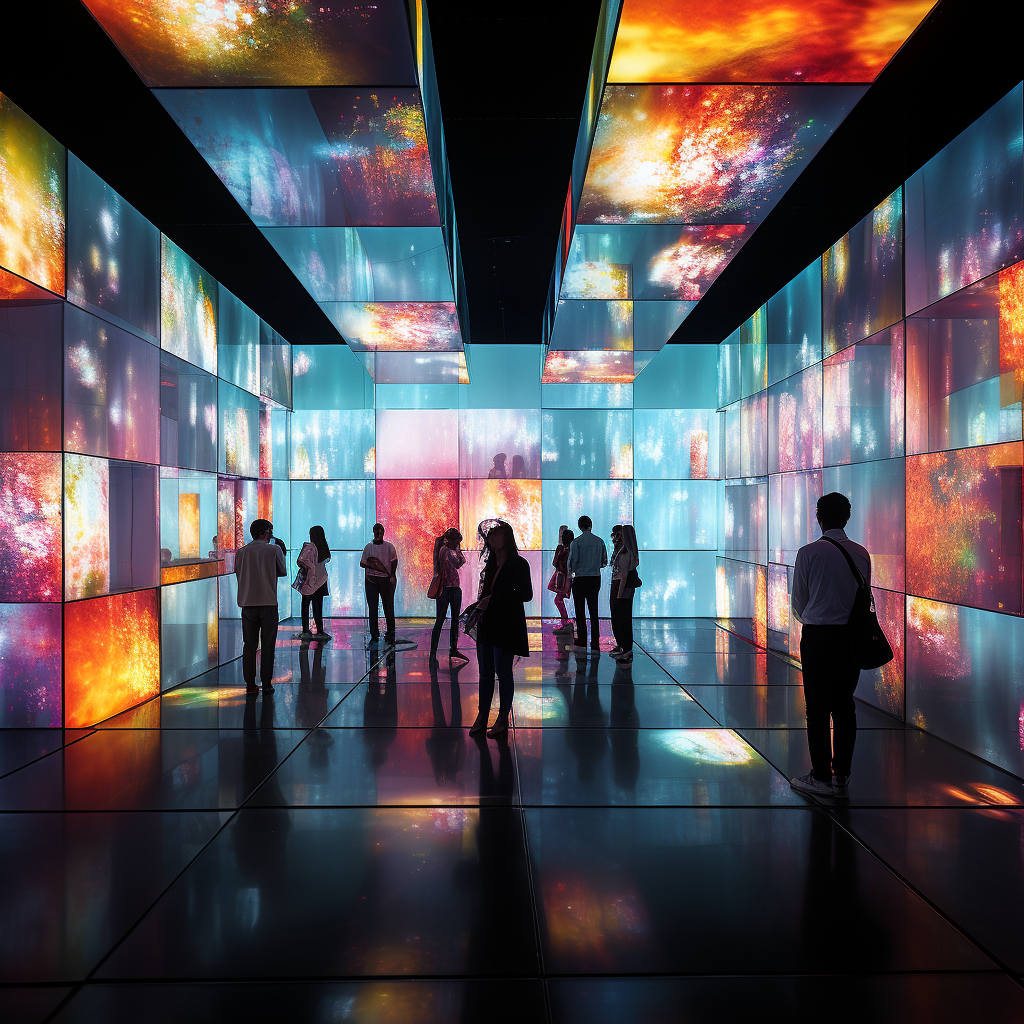 Couples hugging in LED panel room