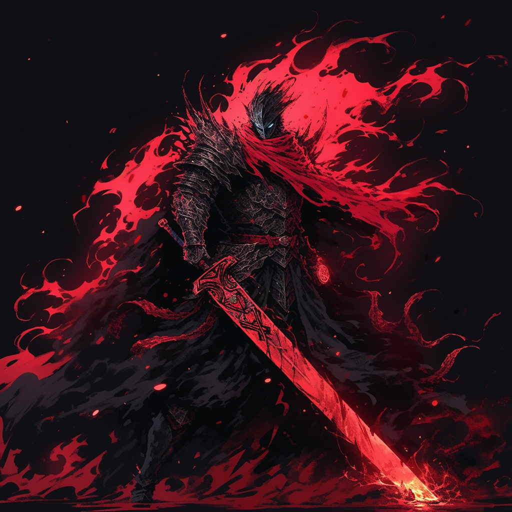 Legendary warrior with short sword in black and red robes