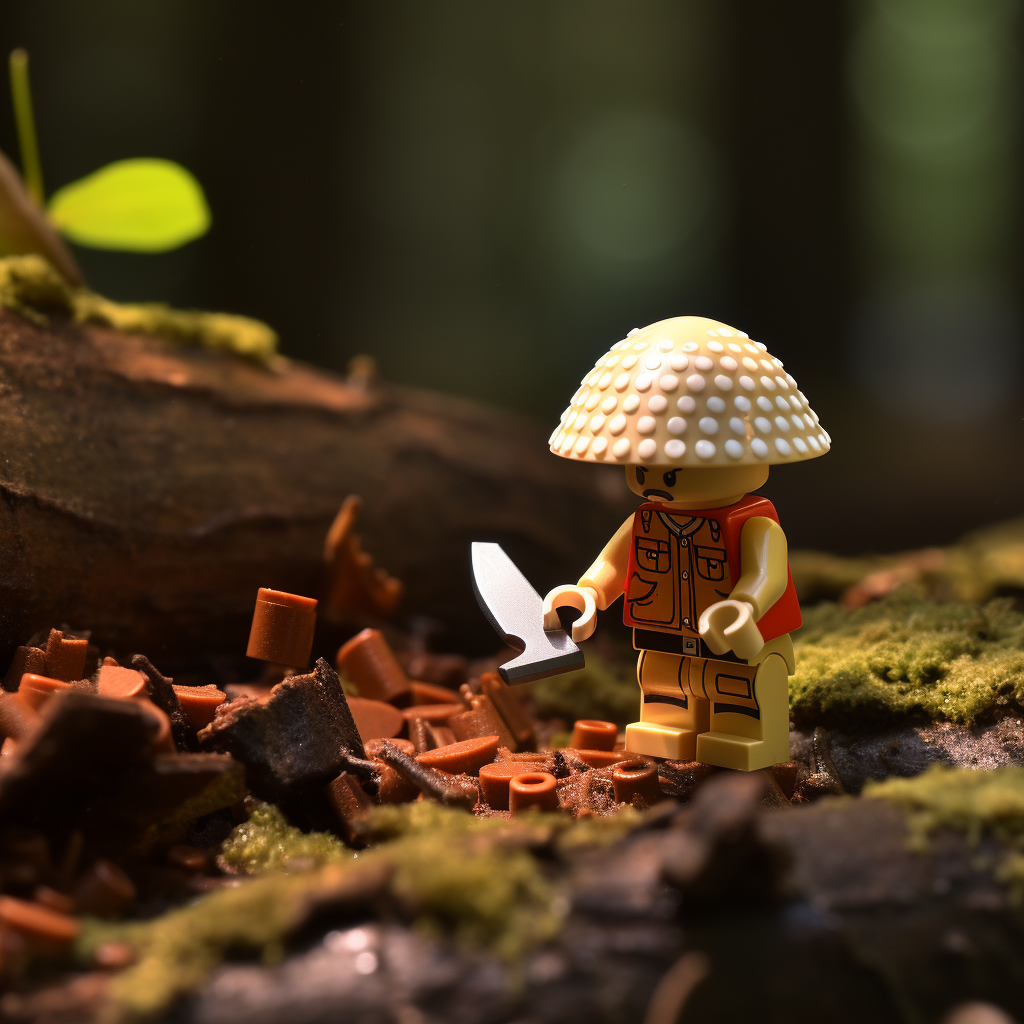 Lego figure sawing mushroom in forest