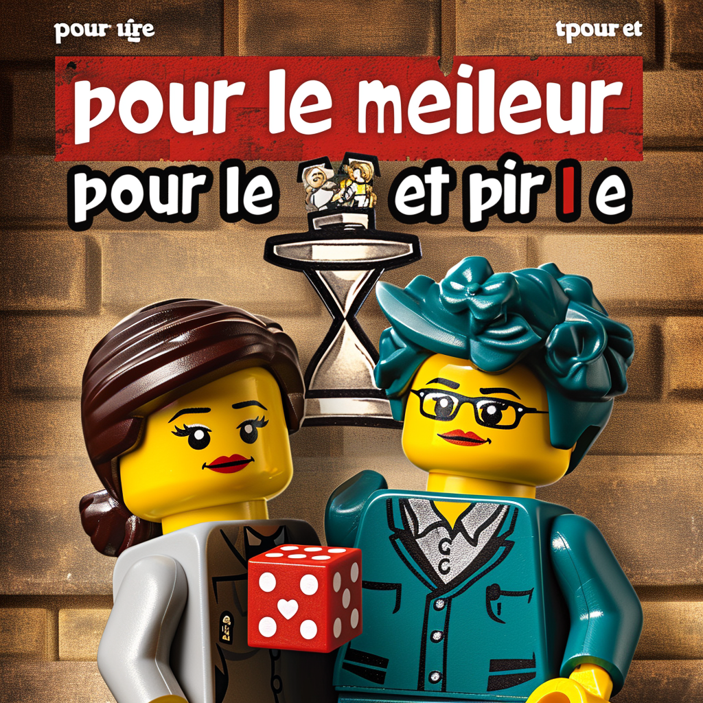 Two Lego characters having fun with dice, hourglass, mask, and heart