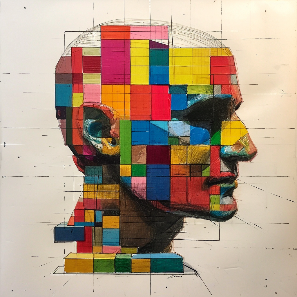 Lego head on colorful squares