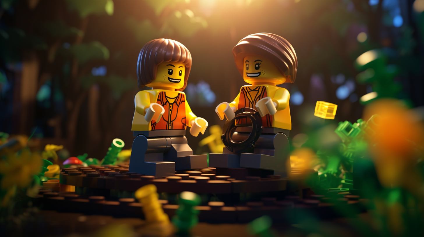 Two Lego kids playing on a lego playground