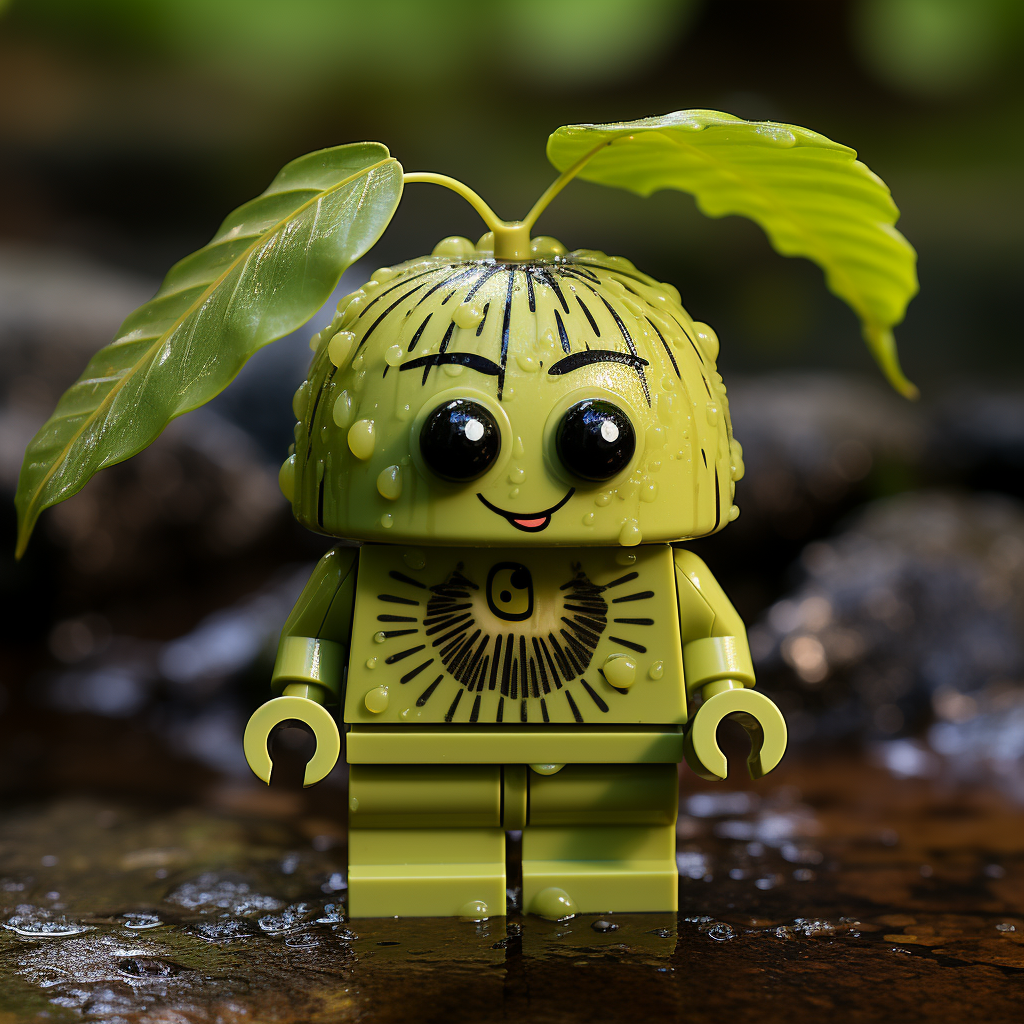 Playful Lego minifigure with kiwi fruit