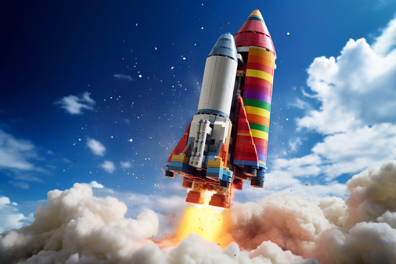 Colorful Lego Rocket Launching into Space